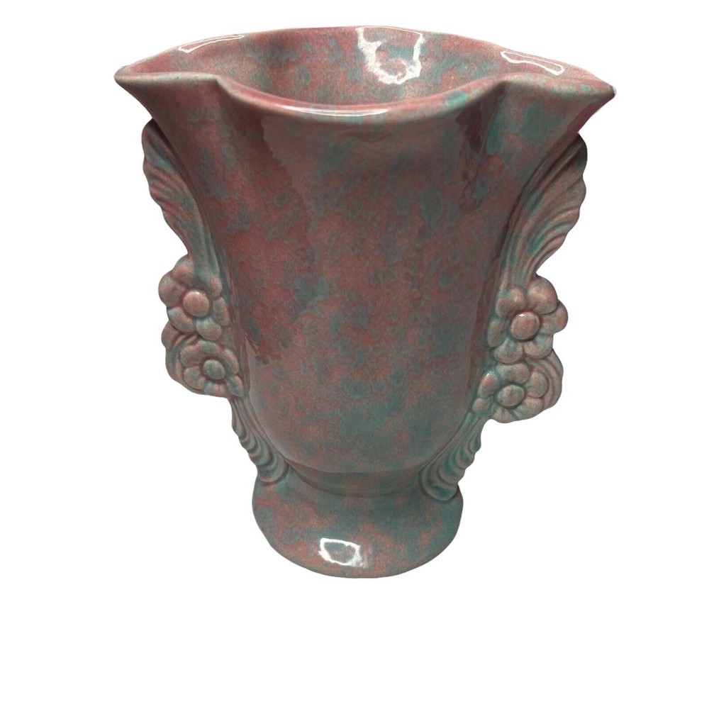 Vintage California Pottery Vase #3540 Pink Blue Mottled Glaze Floral Handles 7”